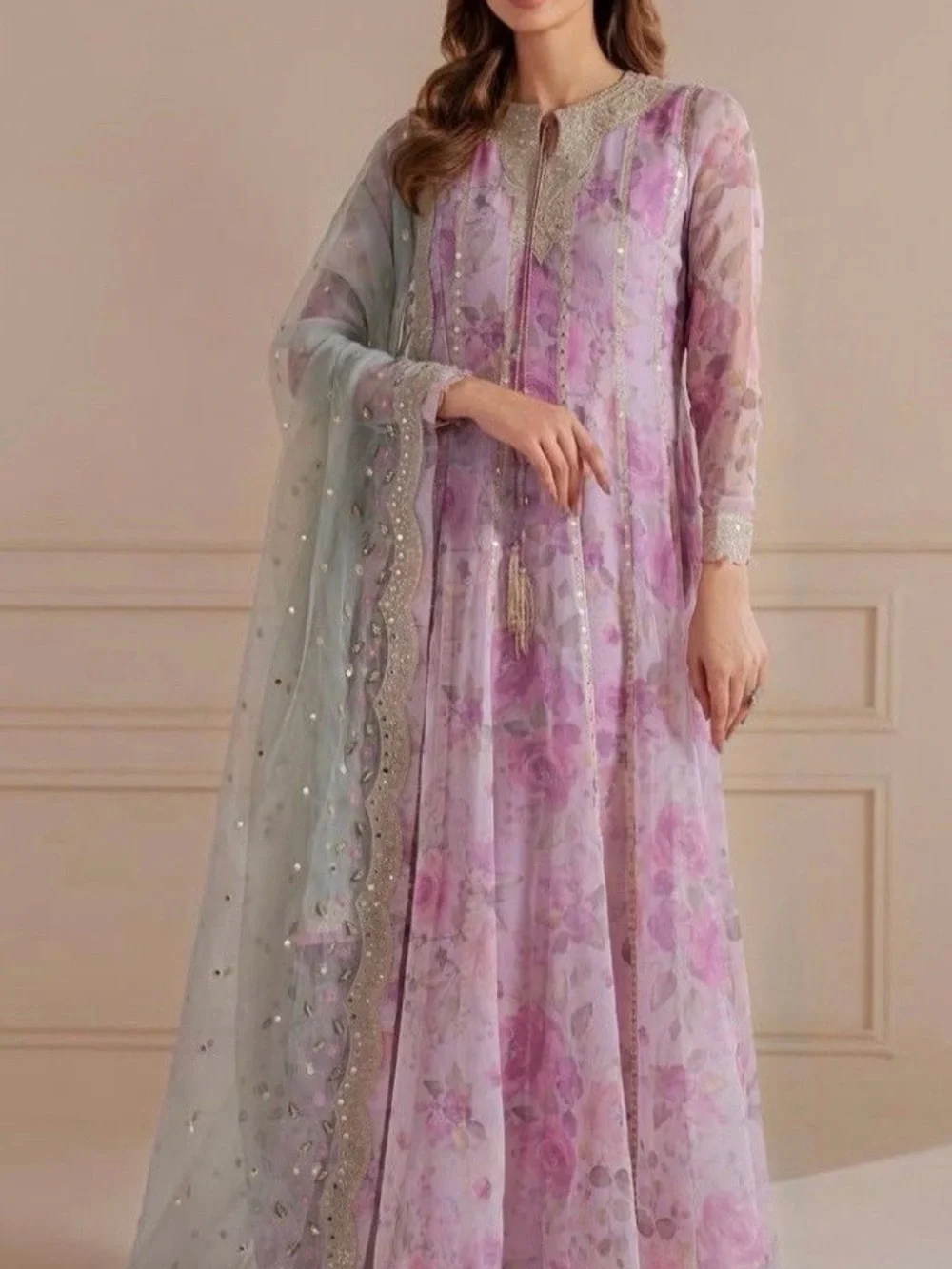 Elegant Lilac Floral Maxi Dress with Sheer Scarf